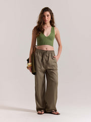 Khaki Green Linen Pull-on Pants